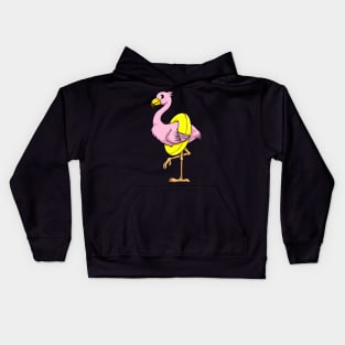 Cute Flamingo is swimming with a swimming ring Kids Hoodie